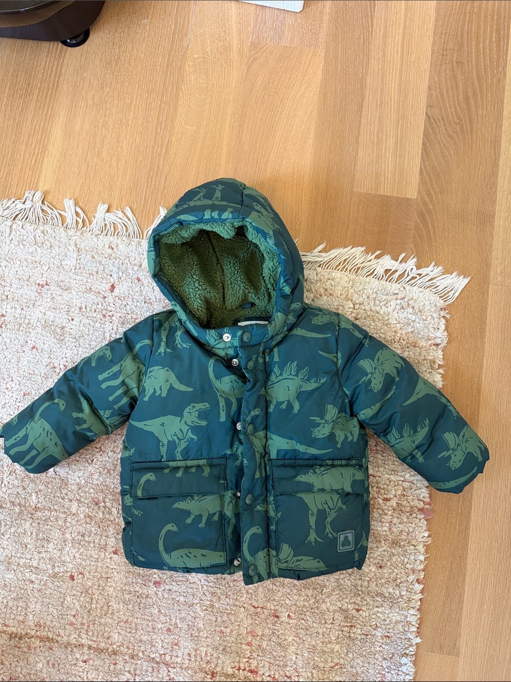 GAP Baby Green Dinosaur Print Hooded Puffer Jacket for Kids